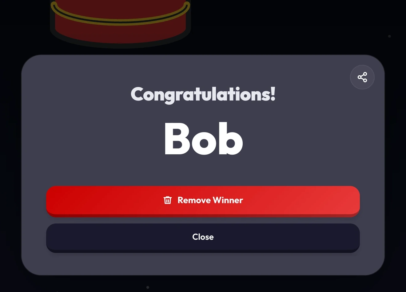 SpinAName winner modal showing the name revealed on the fallen fortune stick