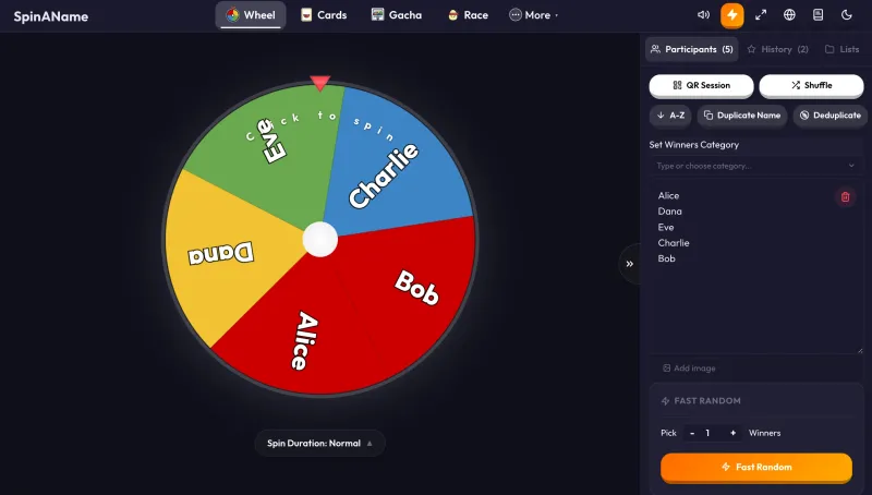 SpinAName Lucky Wheel loaded with five names, ready to spin