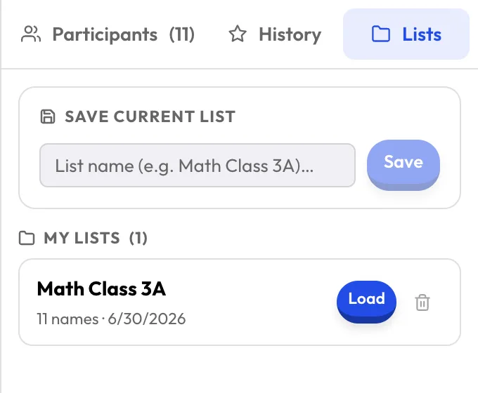 Saved lists in the My Lists catalog showing name count and action buttons