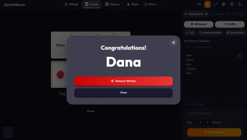 SpinAName winner modal confirming the name revealed by the flipped Mystery Card