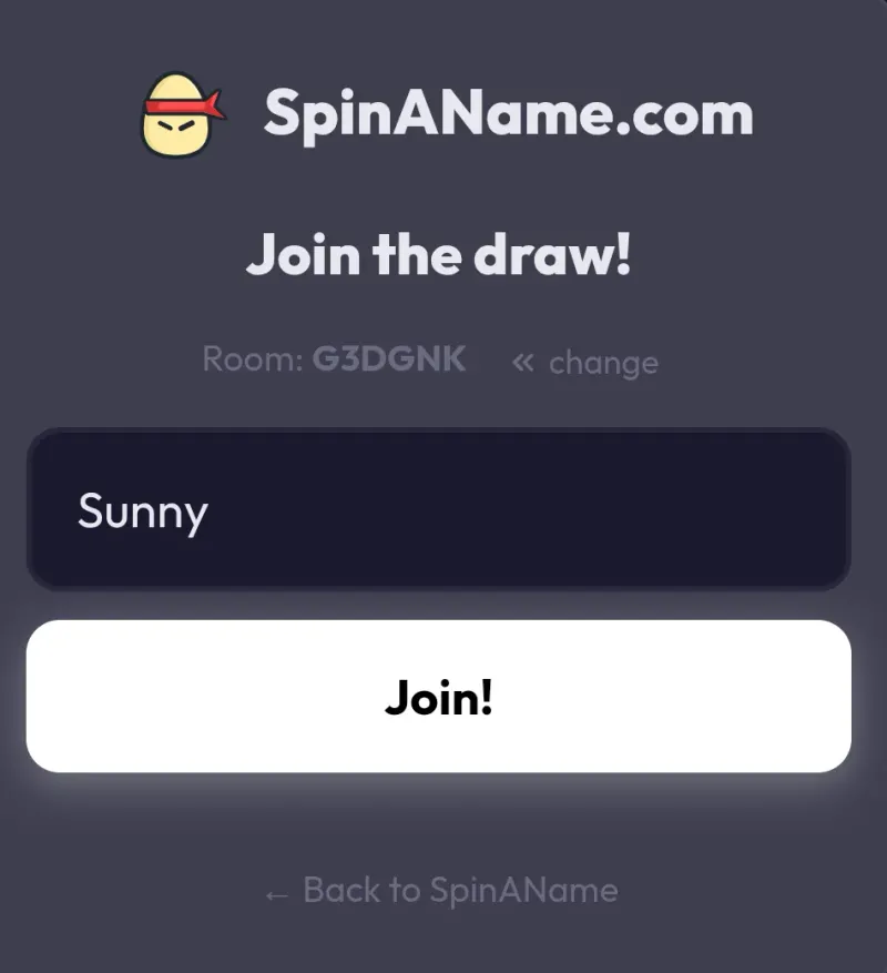 SpinAName join page on mobile where participants enter their name using a room code