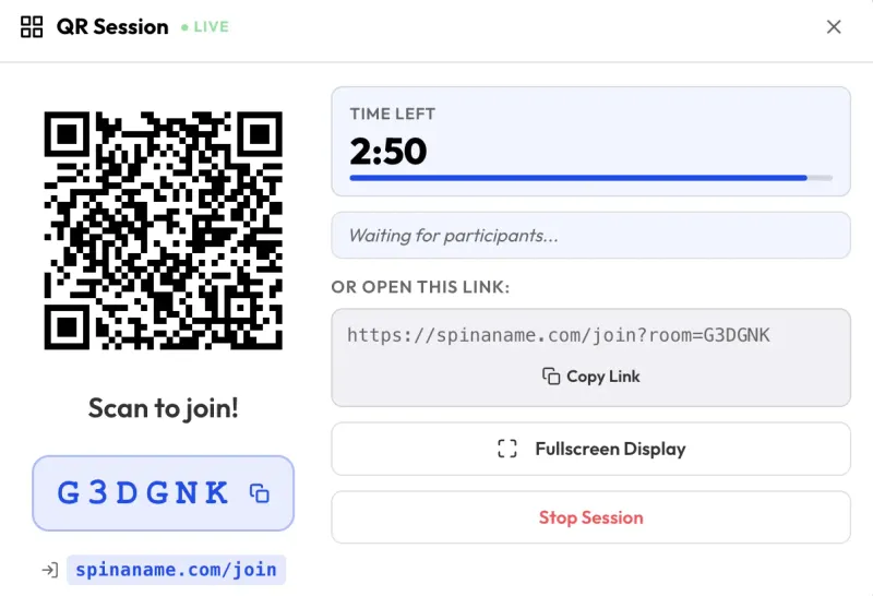 SpinAName QR session live view showing QR code, countdown timer, and participant list